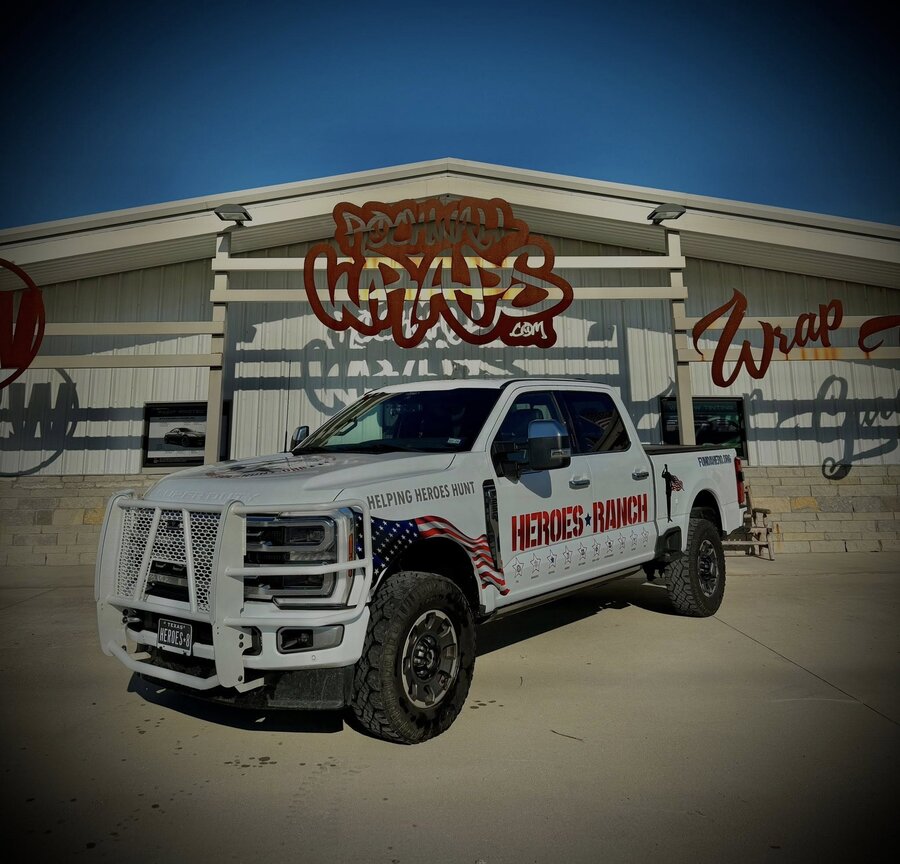 Heroes Ranch vehicle wrap — patriotic F-250